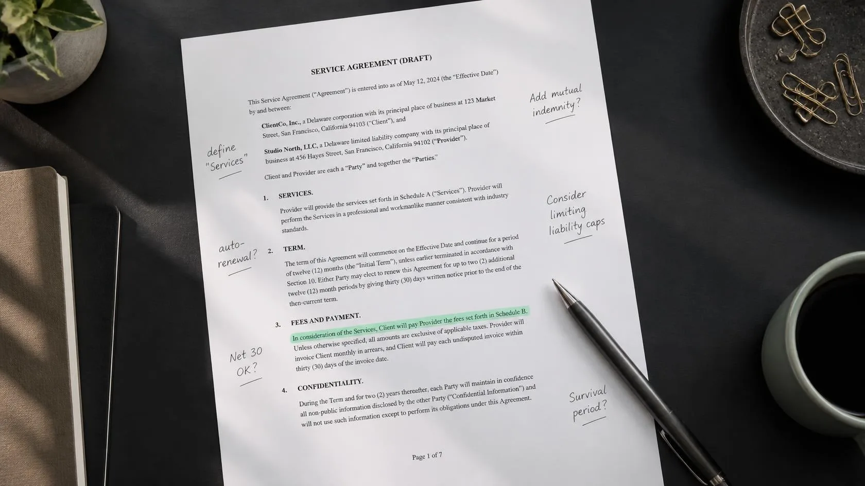 Draft agreement on a dark table, with margin notes and a highlighted passage.