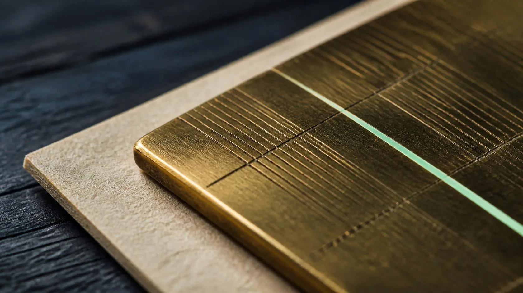 Engraved brass plate on dark wood with a fine mint-coloured line, illustrating articles of association