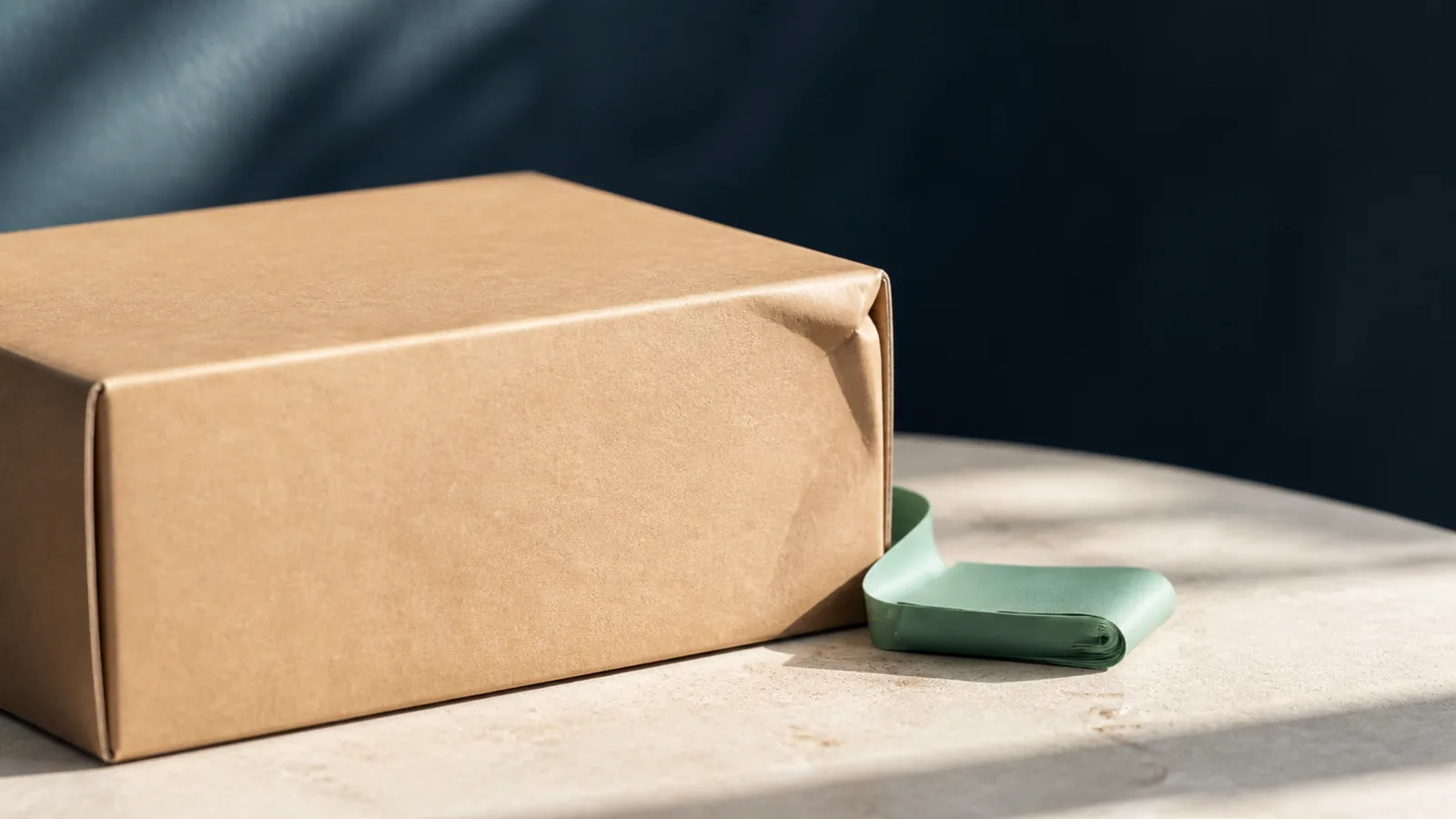 Hieman painunut pahvipaketin kulma ja mintunvihreä pakkausteippi vaalealla kivipinnalla.